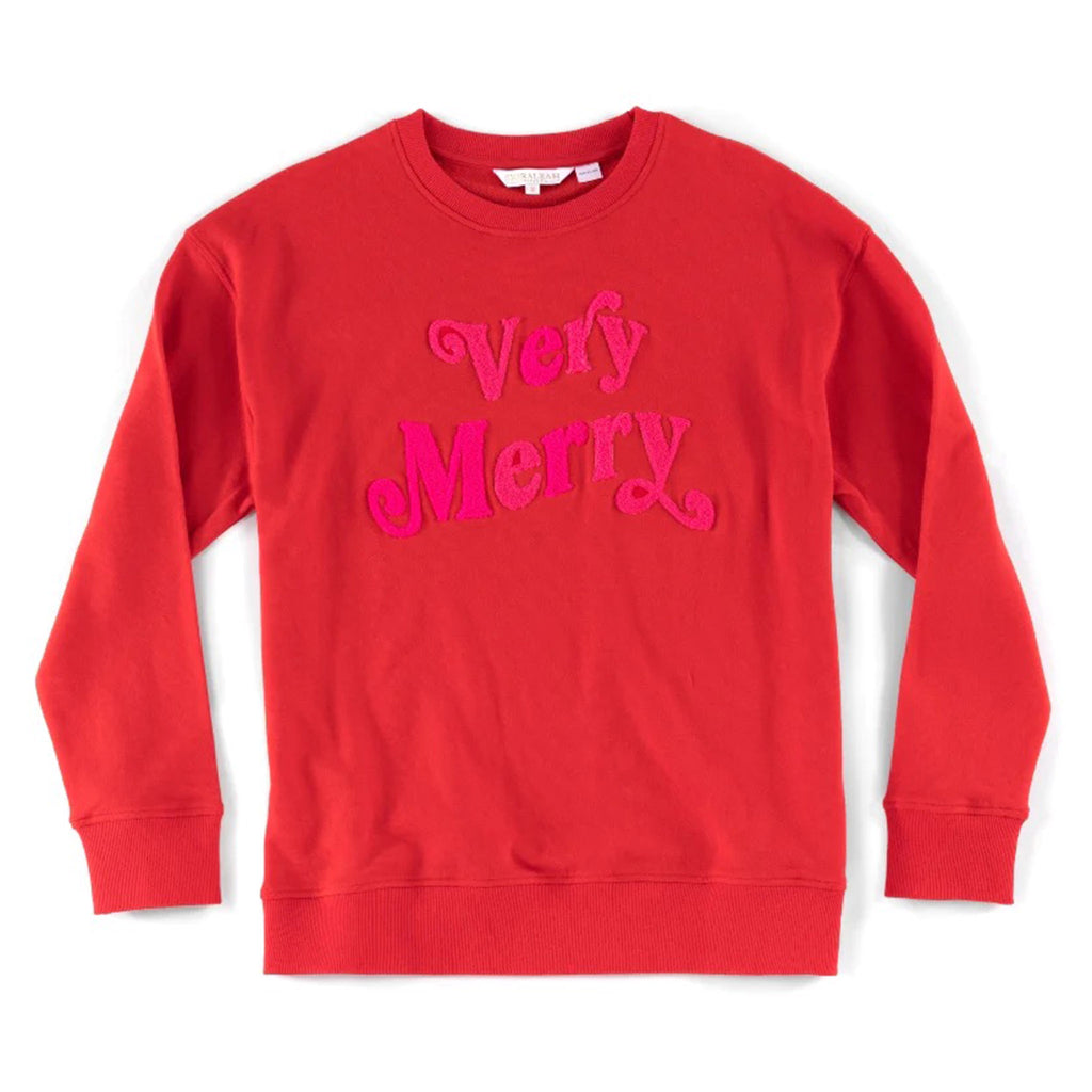 Shiraleah red sweatshirt with classic round neck and banded cuffs and hem and "very merry" in bright pink script lettering.