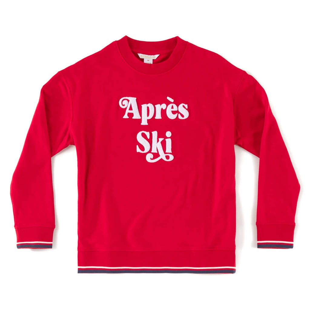 Red sweatshirt with "apres ski" in red lettering, on a white background.