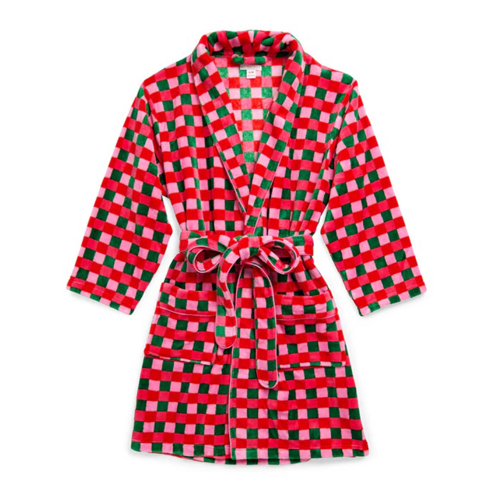 Red, green and pink checkered robe, flat, on a white background.