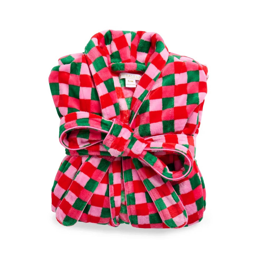 Red, green, and pink checkered robe tied with belt bow, on a white background.