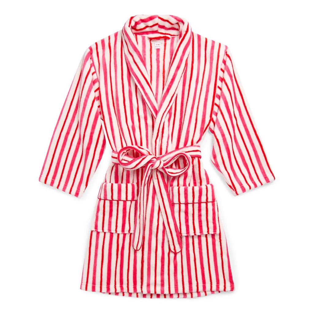Red and white striped robe, flat, on a white background.