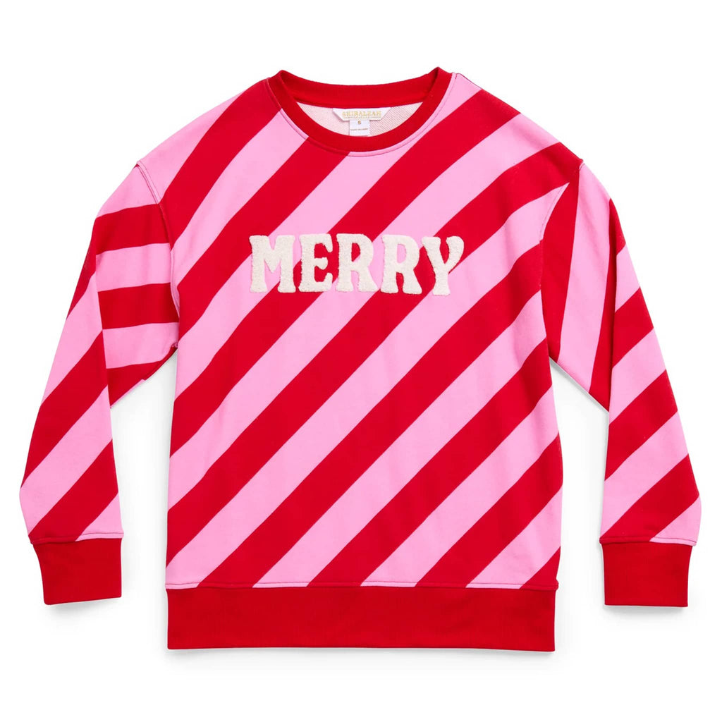 Red and pink diagonal striped sweatshirt with "Merry" in white lettering, on a white background.