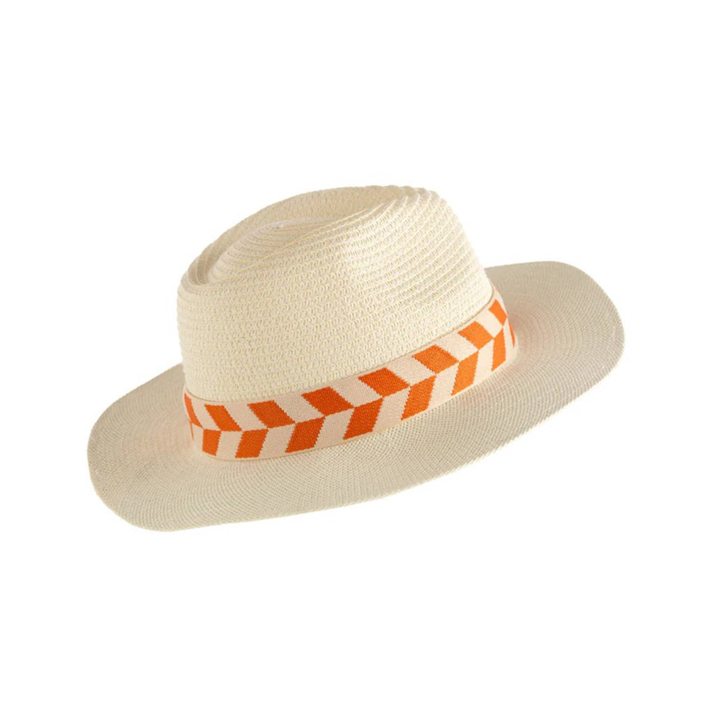 Shiraleah Aramis hat in crisp ivory woven straw with cream and orange band.