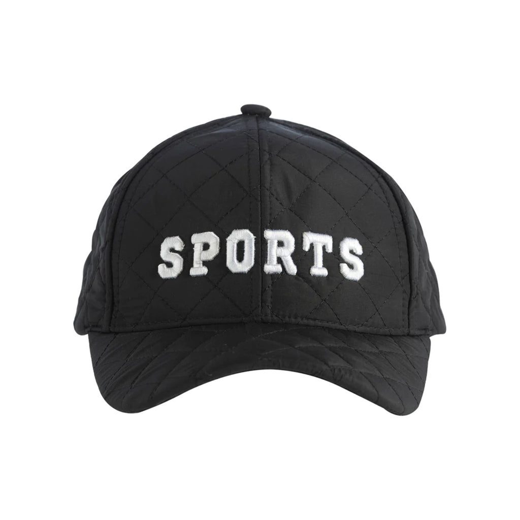 Shiraleah black quilted ball cap with "sports" in white lettering on the front.