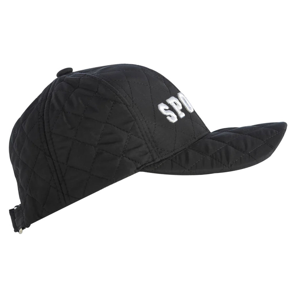 Shiraleah black quilted ball cap with "sports" in white lettering, side view.