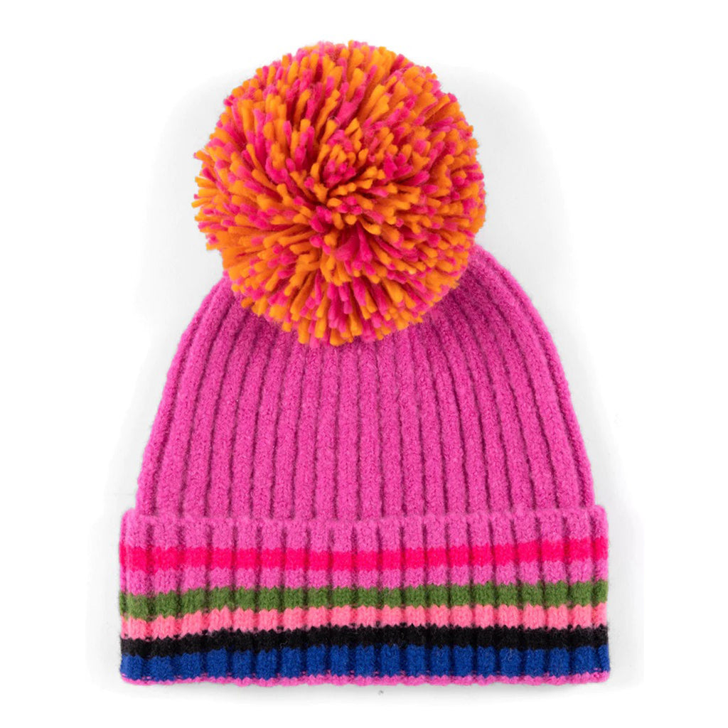 Shiraleah Ronen Knit Winter Hat in magenta with colorful stripes and a big orange, pink and red pom pom on top.