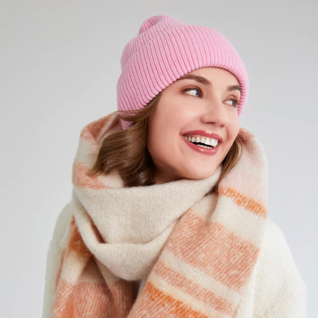 Shiraleah Hope Knit Winter Hat Beanie in solid pink on model.