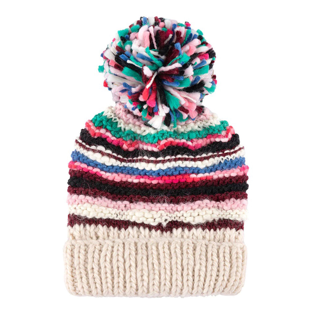 Shiraleah Virgo Knit Winter Hat in ivory with multicolored stripes and pom pom on top.