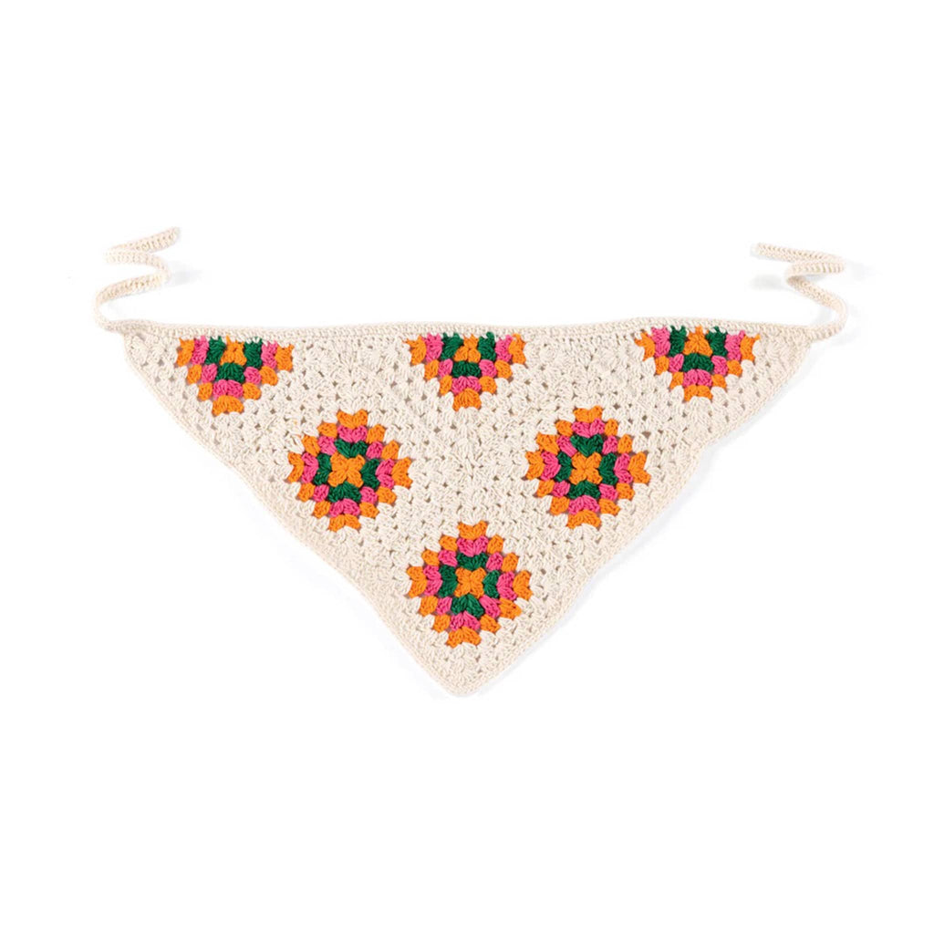 Shiraleah Luna Crochet Headscarf with green, orange and pink design on a white backdrop, triangle shaped with ties.
