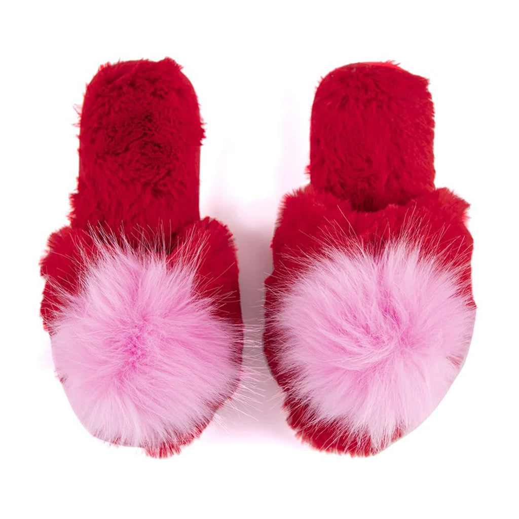 Shiraleah Amor Holiday Slippers, red plush slides with fuzzy pale pink pompom on top band.