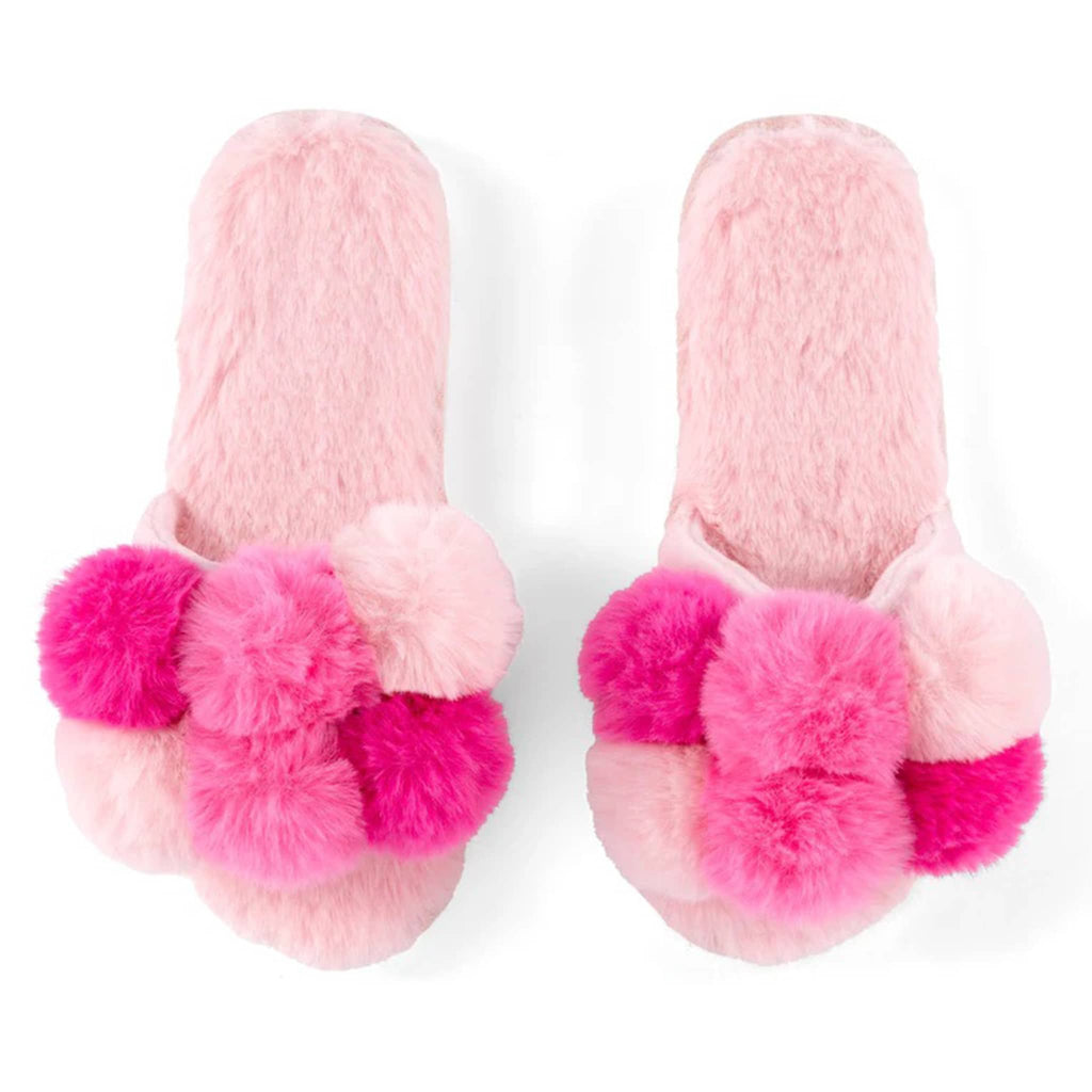 Shiraleah Carina fluffy pink slipper slides with pompoms in shades of pink.