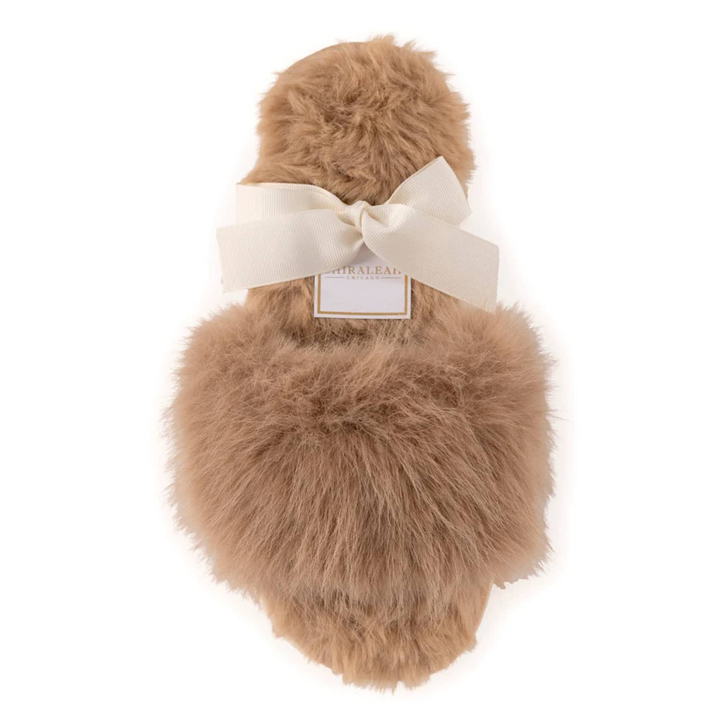 Shiraleah Maude Slippers in camel in ribbon packaging.