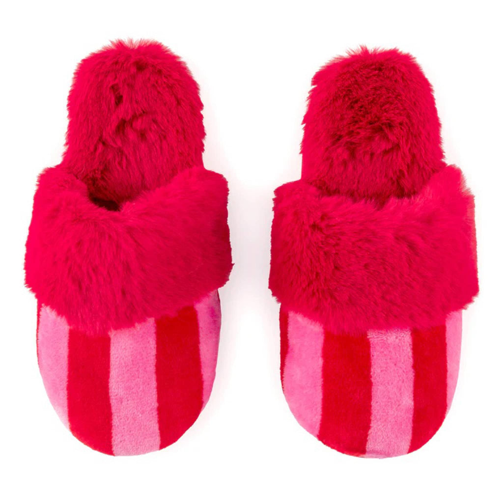 Shiraleah Felicity Slippers with pink and red stripes and fuzzy red interior.