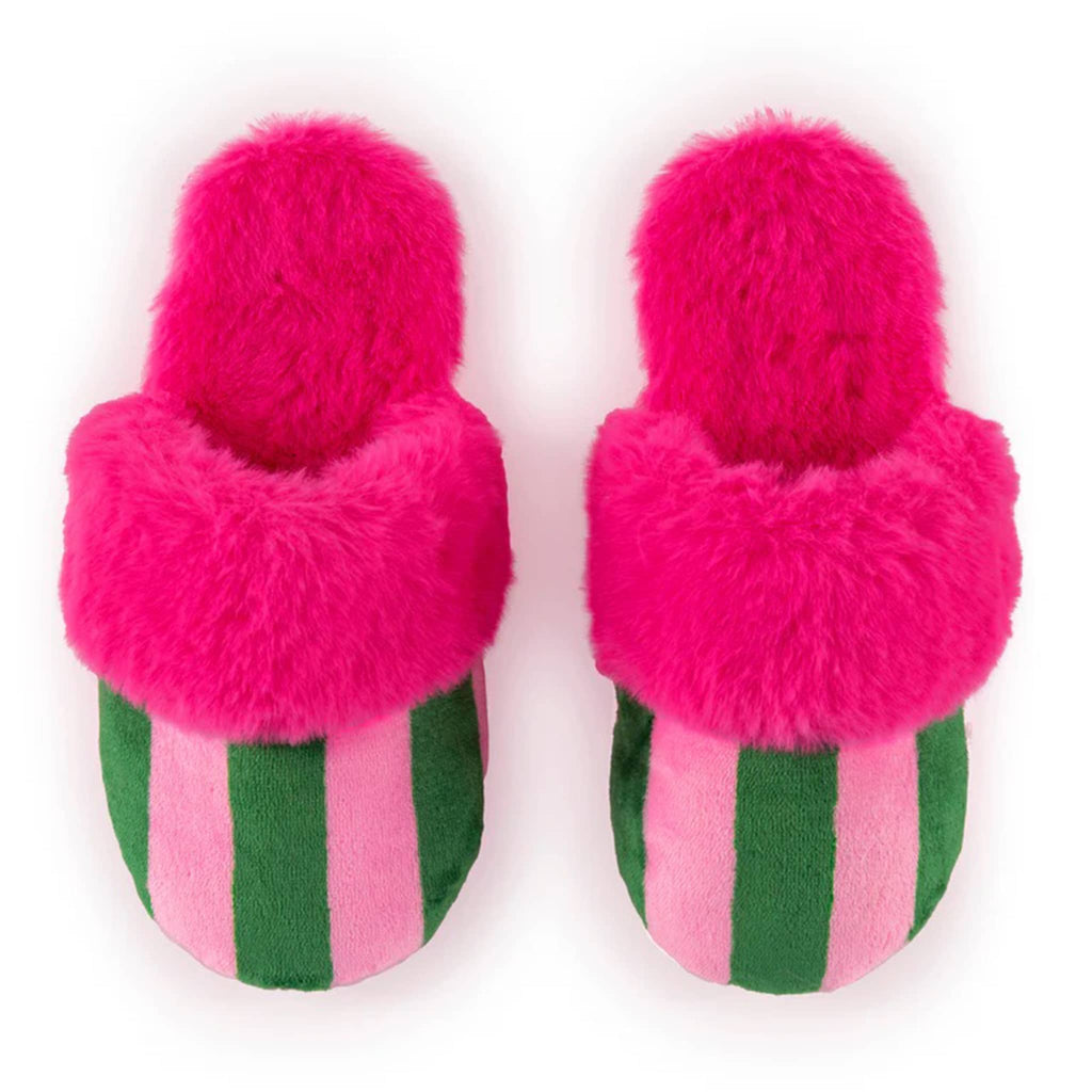 Shiraleah Felicity Slippers with pink and green stripes and furry magenta interior.