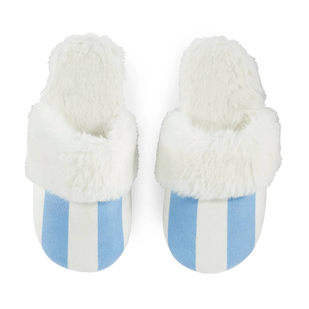 Shiraleah Helena sky blue and white striped slippers, overhead view.