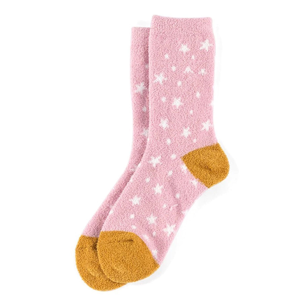 Shiraleah Stella pink plush socks with white star pattern and mustard yellow heel and toe.