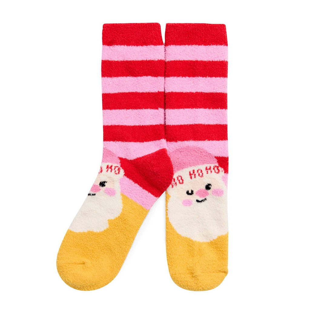 Pair of pink and red striped socks with yellow toes and a santa face, on a white background.