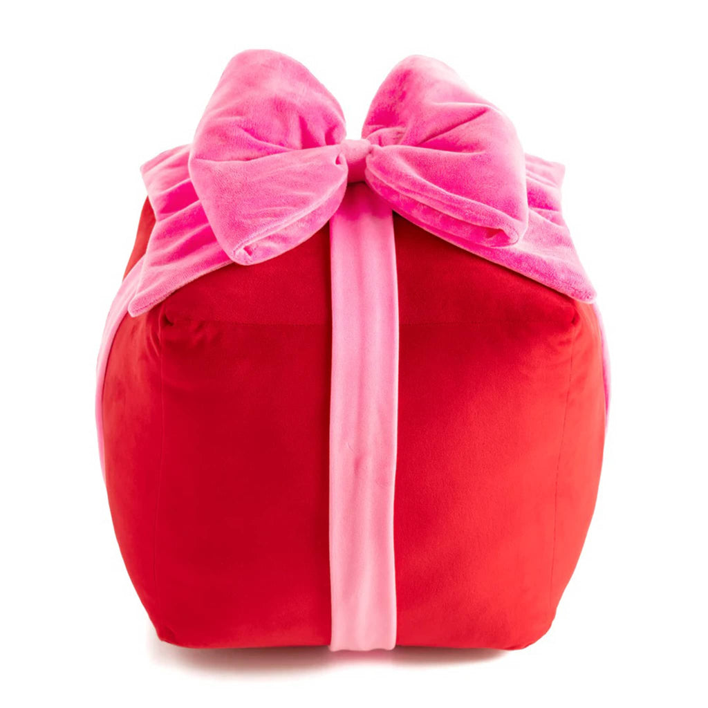 Shiraleah Large Red Gift Box Plush Pillow with pink bow.