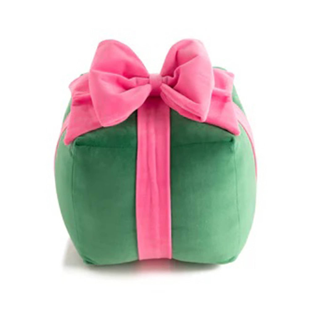 Shiraleah Medium Green Gift Box Plush Pillow with pink bow.