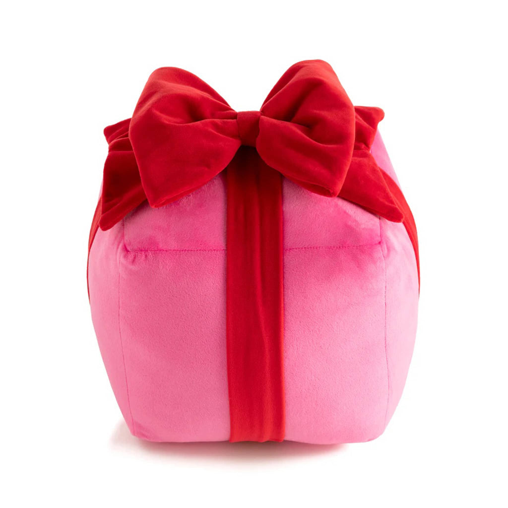 Shiraleah Medium Pink Gift Box Plush Pillow with red bow.