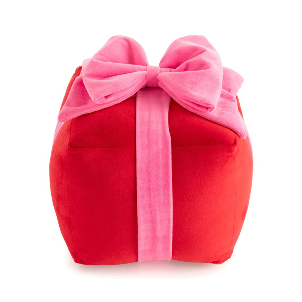 Shiraleah Medium Red Gift Box Plush Pillow with pink bow.