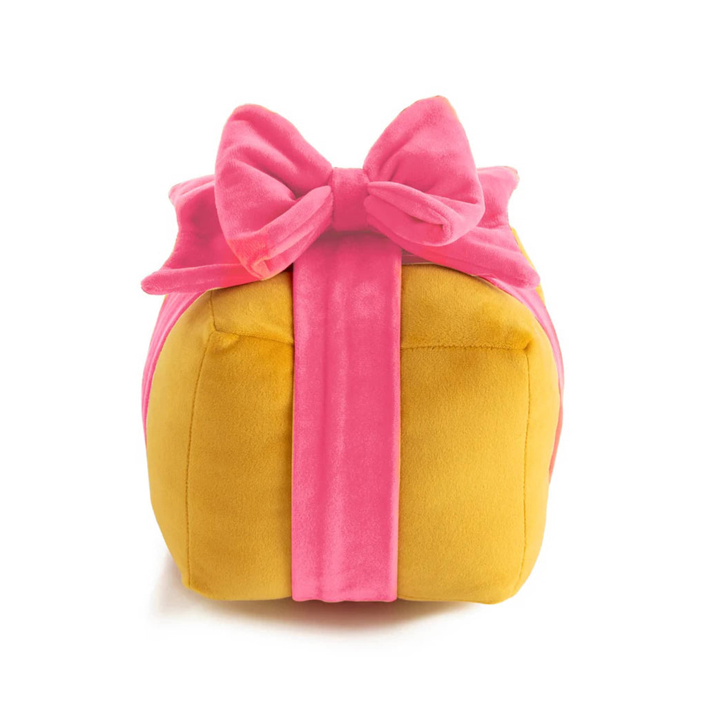 Shiraleah Small Gold Gift Box Plush Pillow with pink bow.