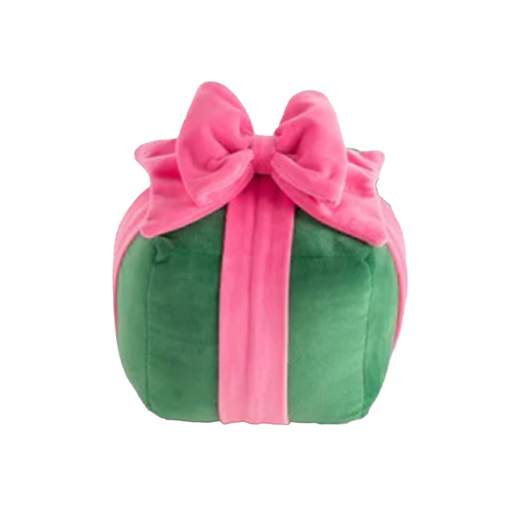 Shiraleah Small Green Gift Box Plush Pillow with pink bow.