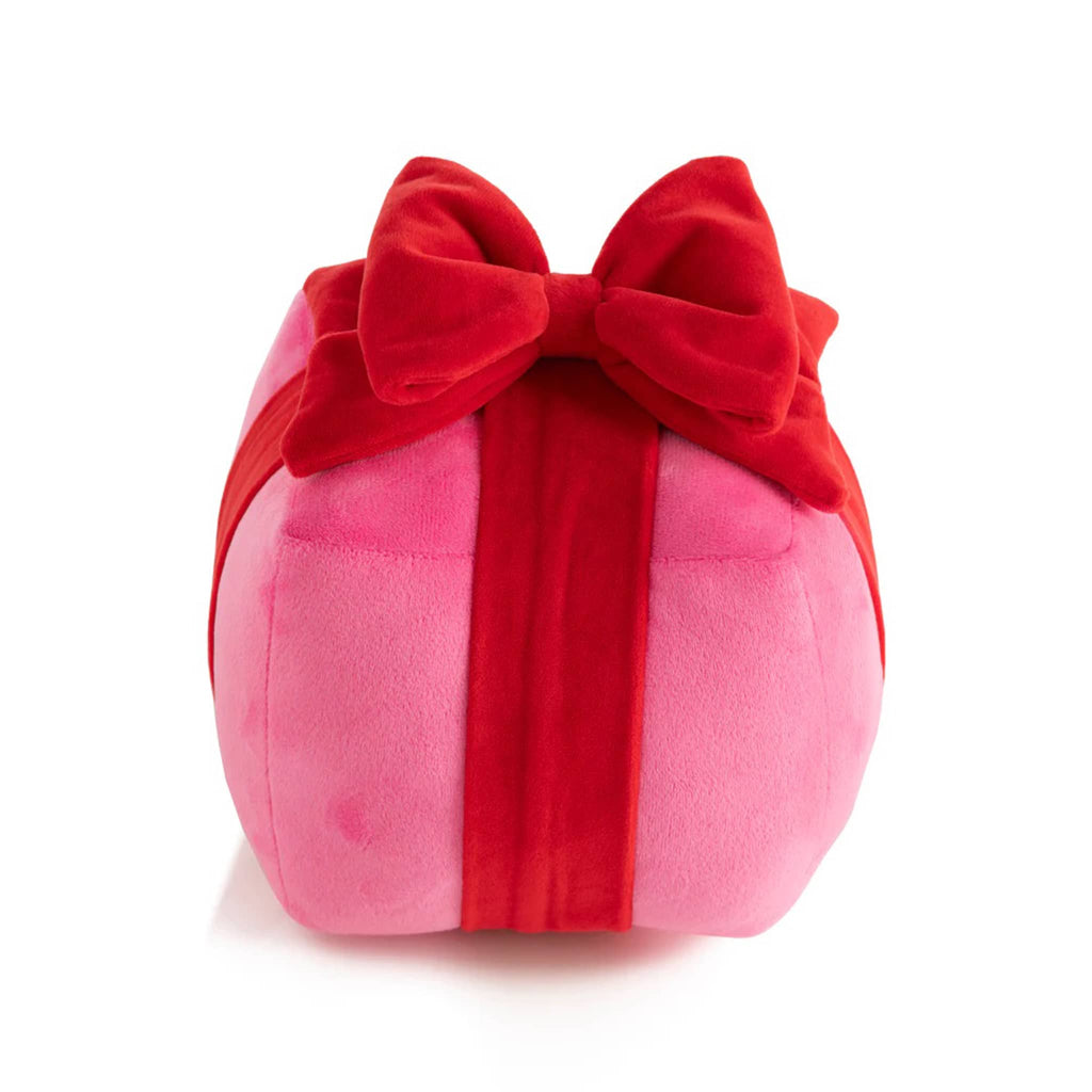 Shiraleah Small Pink Gift Box Plush Pillow with red bow.