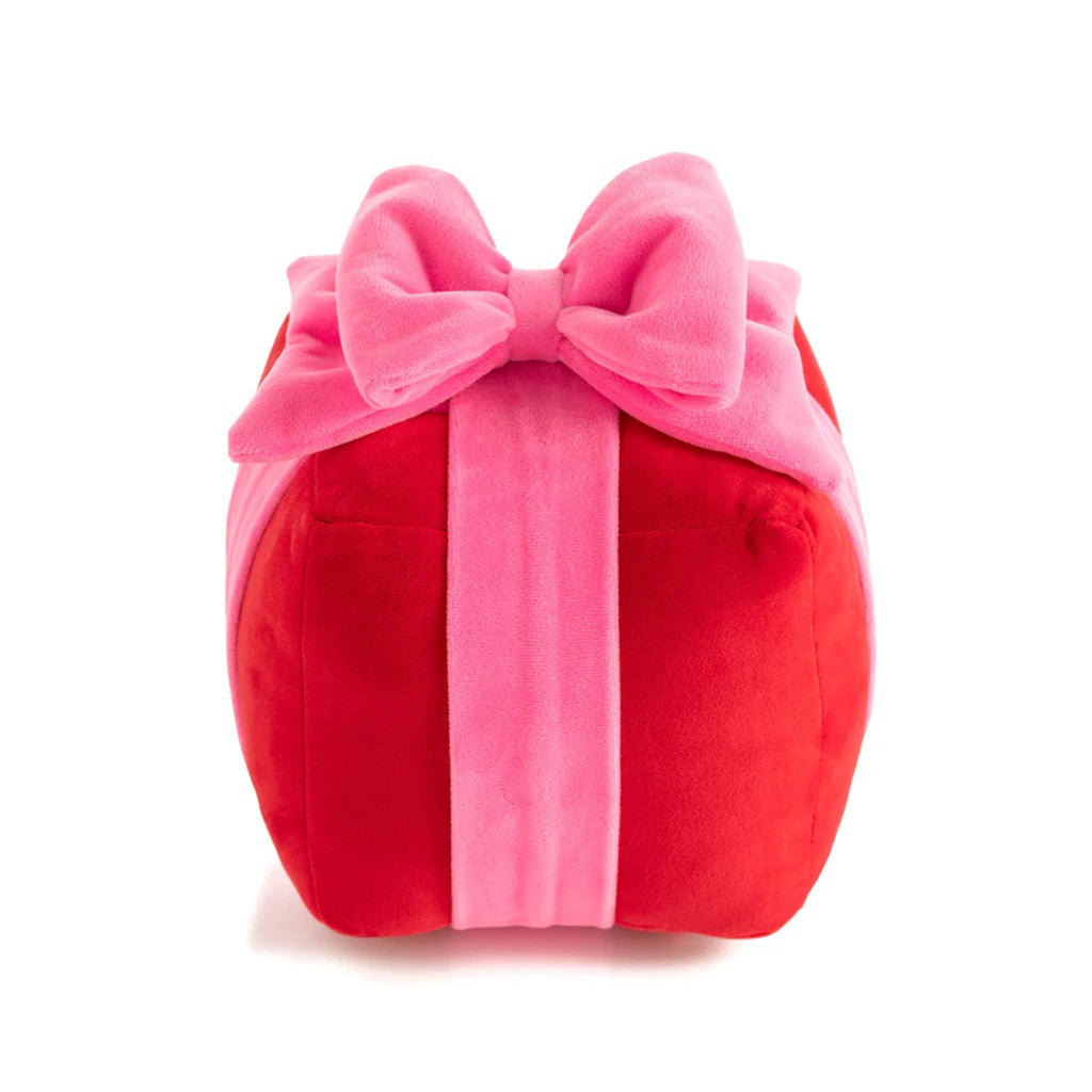 Shiraleah Small Red Gift Box Plush Pillow with pink bow.