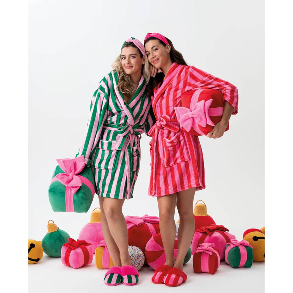 Shiraleah Felicity Robes with pink and red stripes or green and pink stripes, both on models with matching slippers and gift box pillows.