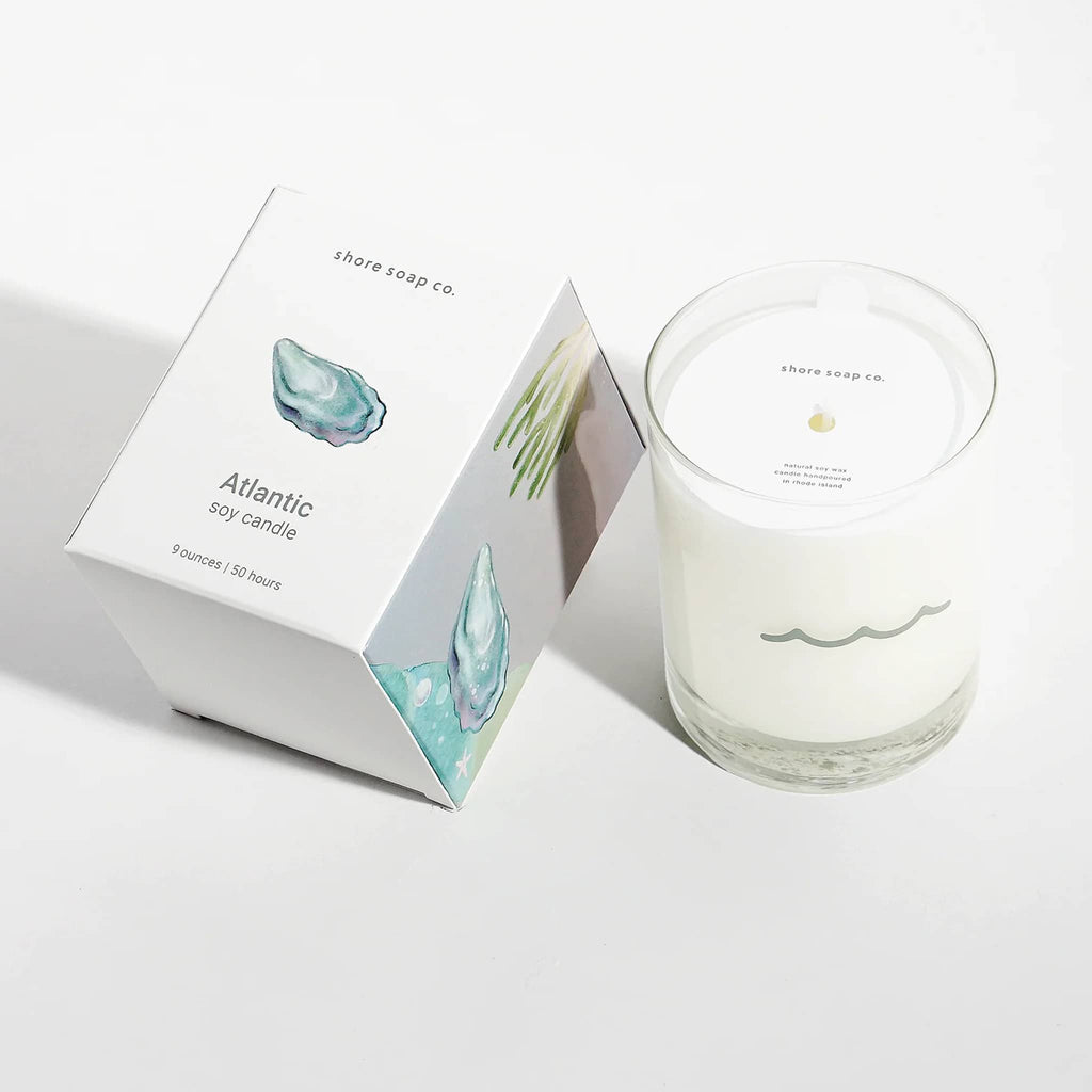 Shore Soap Co. Atlantic scented soy wax 9 ounce candle in glass vessel with illustrated box.