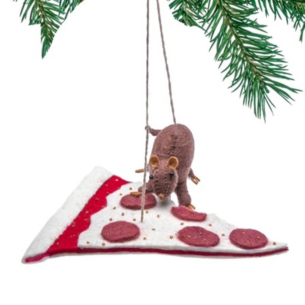 Silk Road Bazaar brown baby rat with pepperoni pizza slice felt stitched holiday ornament hanging on tree branch.