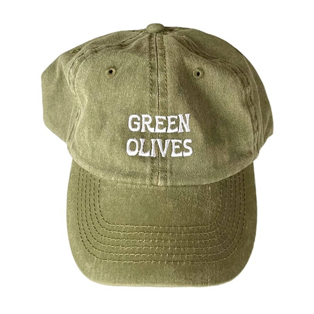 Olive green cap with 'GREEN OLIVES' text in white, front view, on a white background.