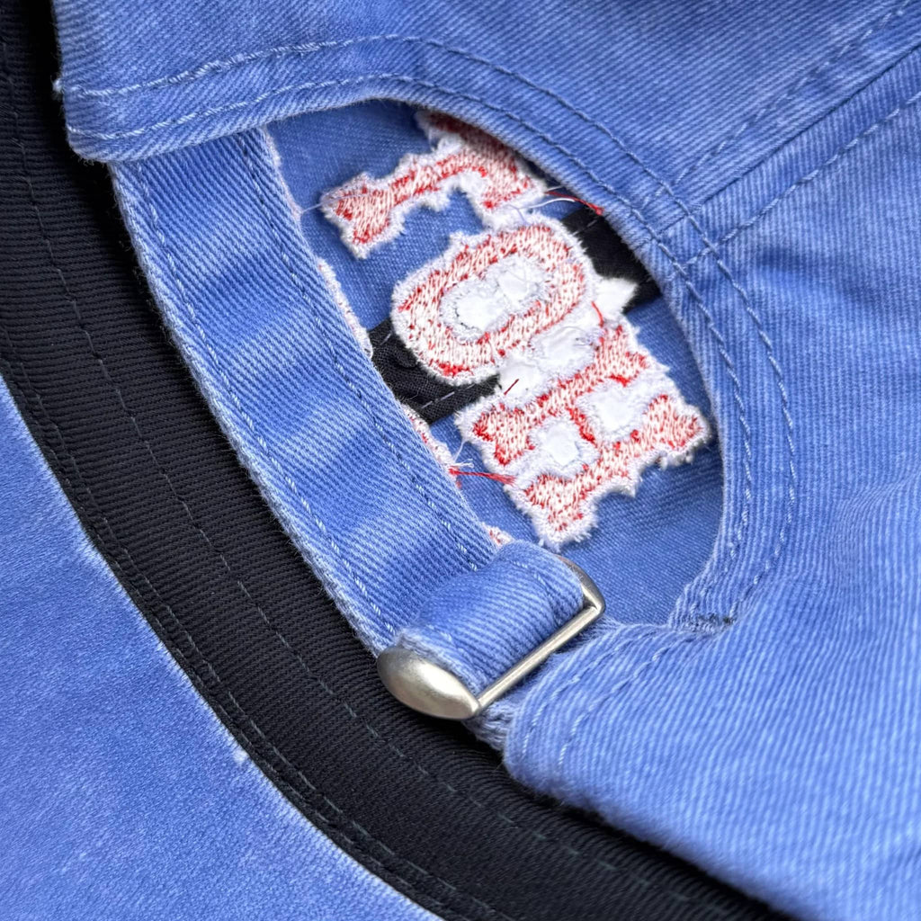 Silver Spider Hot Dogs unisex baseball cap in periwinkle, detail of back.