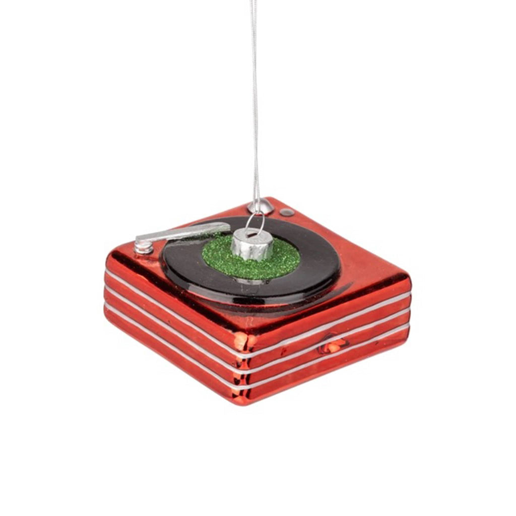 Silver Tree Home and Holiday Red Record Player glass Christmas tree ornament.