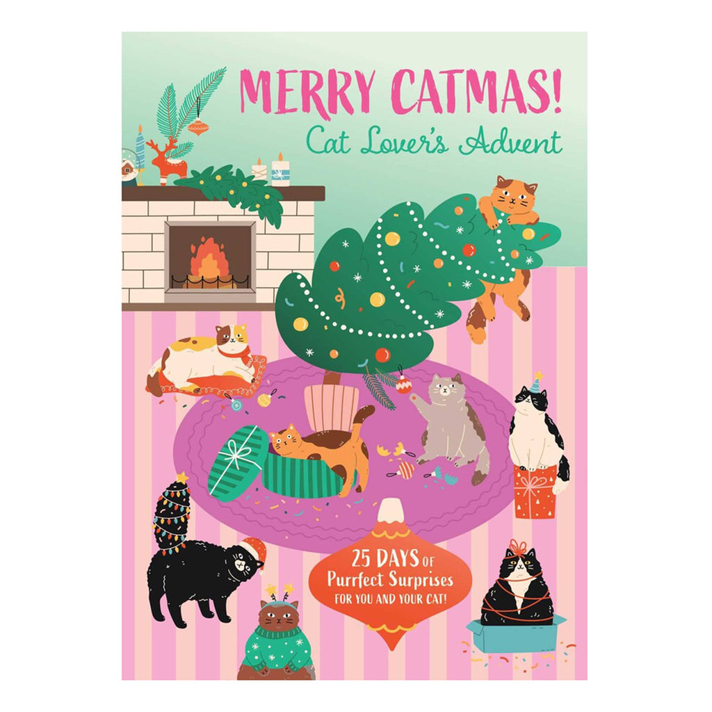 Cat-themed Advent calendar front cover with illustrations of cats and a Christmas tree, on a white background.