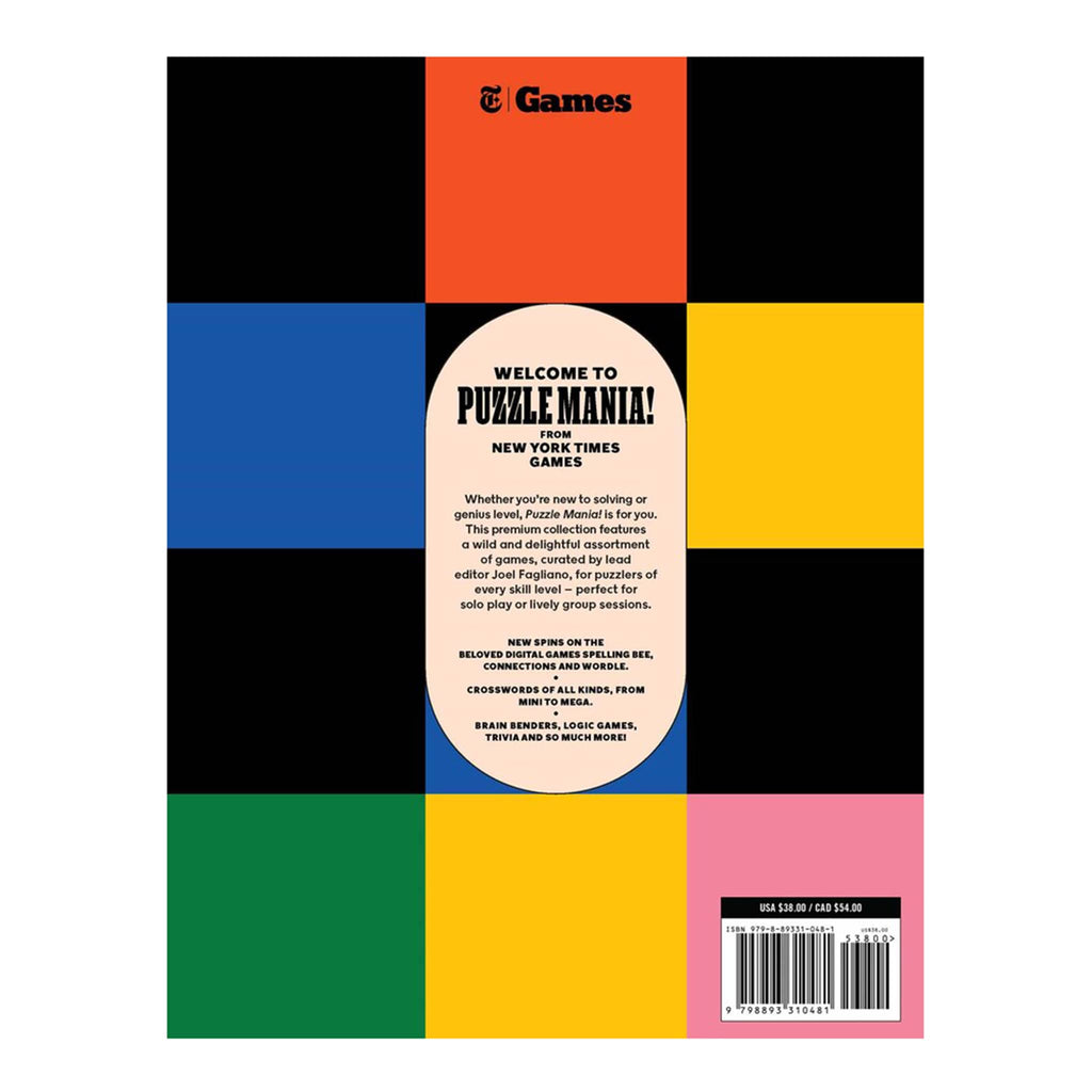 Colorful book back cover with geometric pattern and text about 'Puzzle Mania' from New York Times Games.