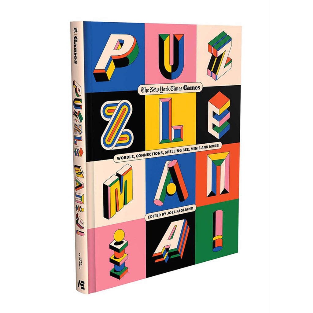 Colorful book cover of 'Puzzle Mania!' with geometric letter designs on a white background.