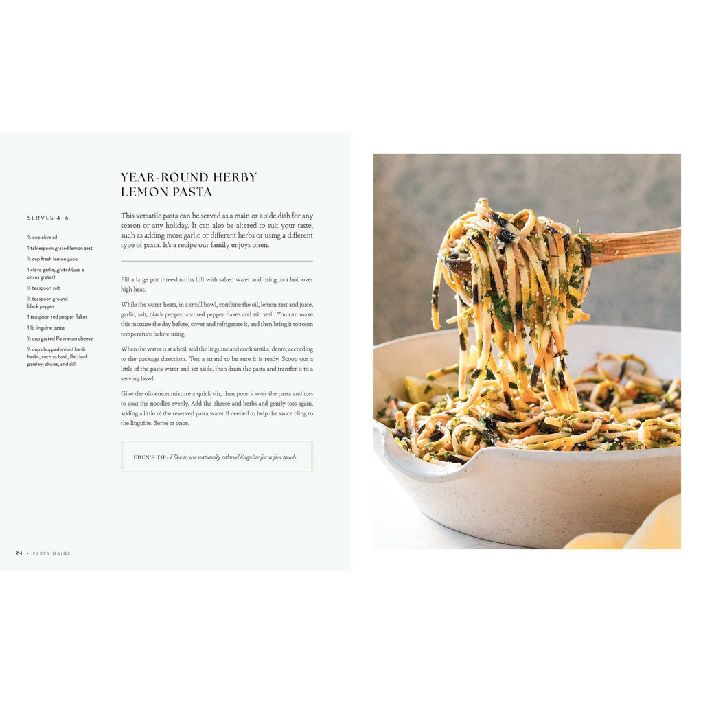 Simon and Schuster Entertaining with Charm hardcover book, year-round herby lemon pasta recipe sample page.