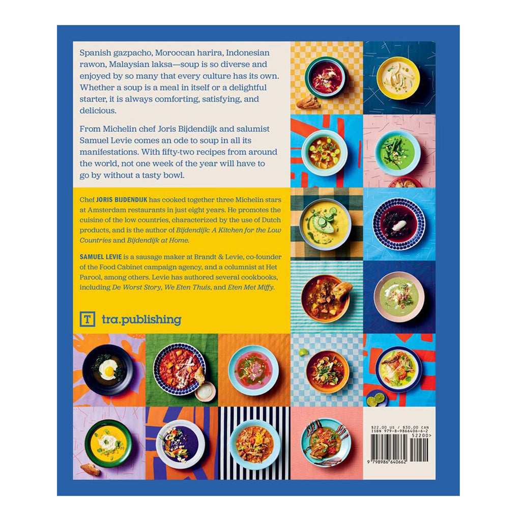 Simon & Schuster Good Soup hardcover cookbook, back cover with description and photos of 17 bowls of soup.