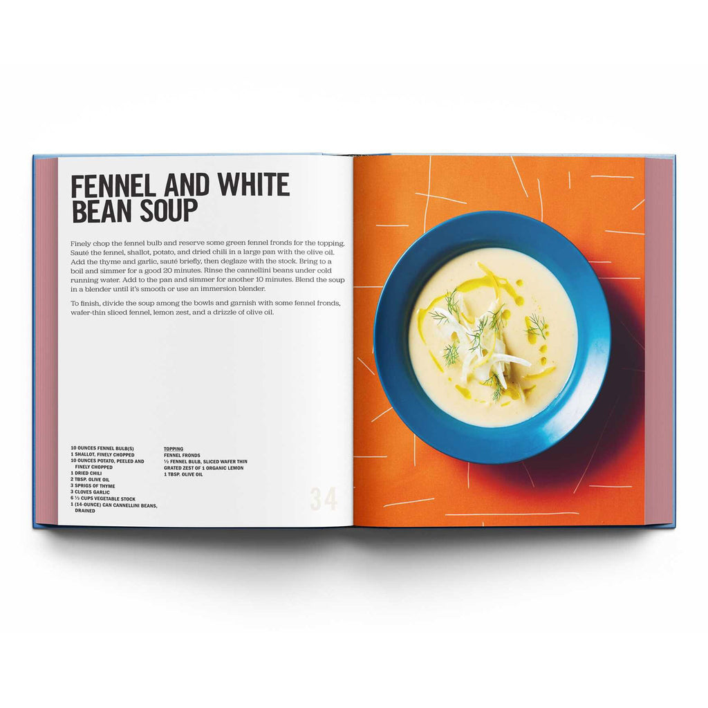 Simon & Schuster Good Soup hardcover cookbook, sample page with a recipe for fennel and white bean soup.