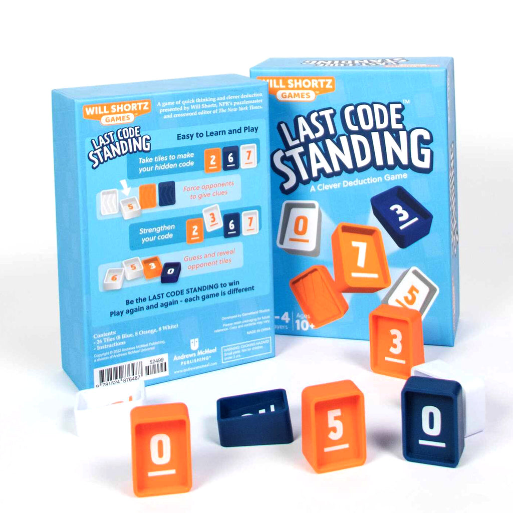 Simon & Schuster Last Code Standing by Will Shortz Games, a clever deduction game, in box packaging, front and back view along with blue, orange and white game pieces.