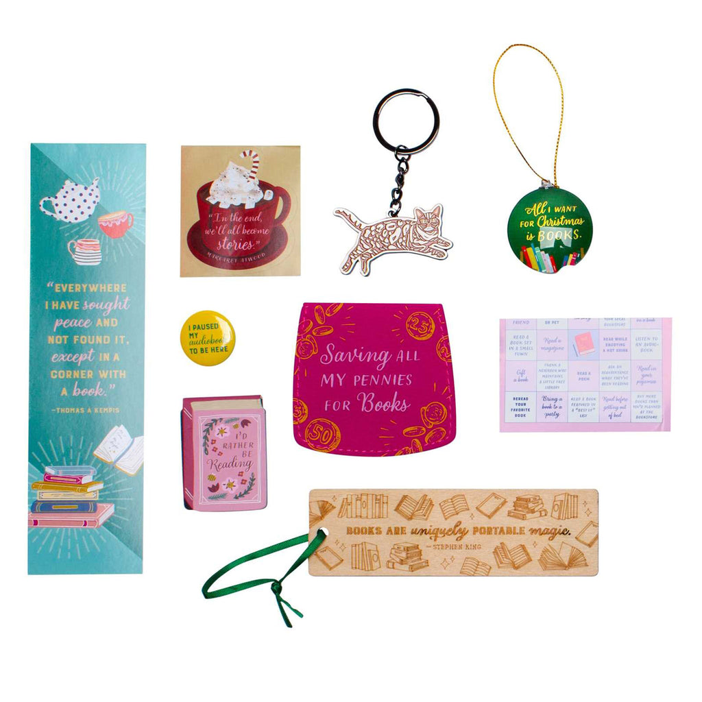 Simon & Schuster The Book Lover's Holiday Advent Calendar, samples of included book-themed contents.