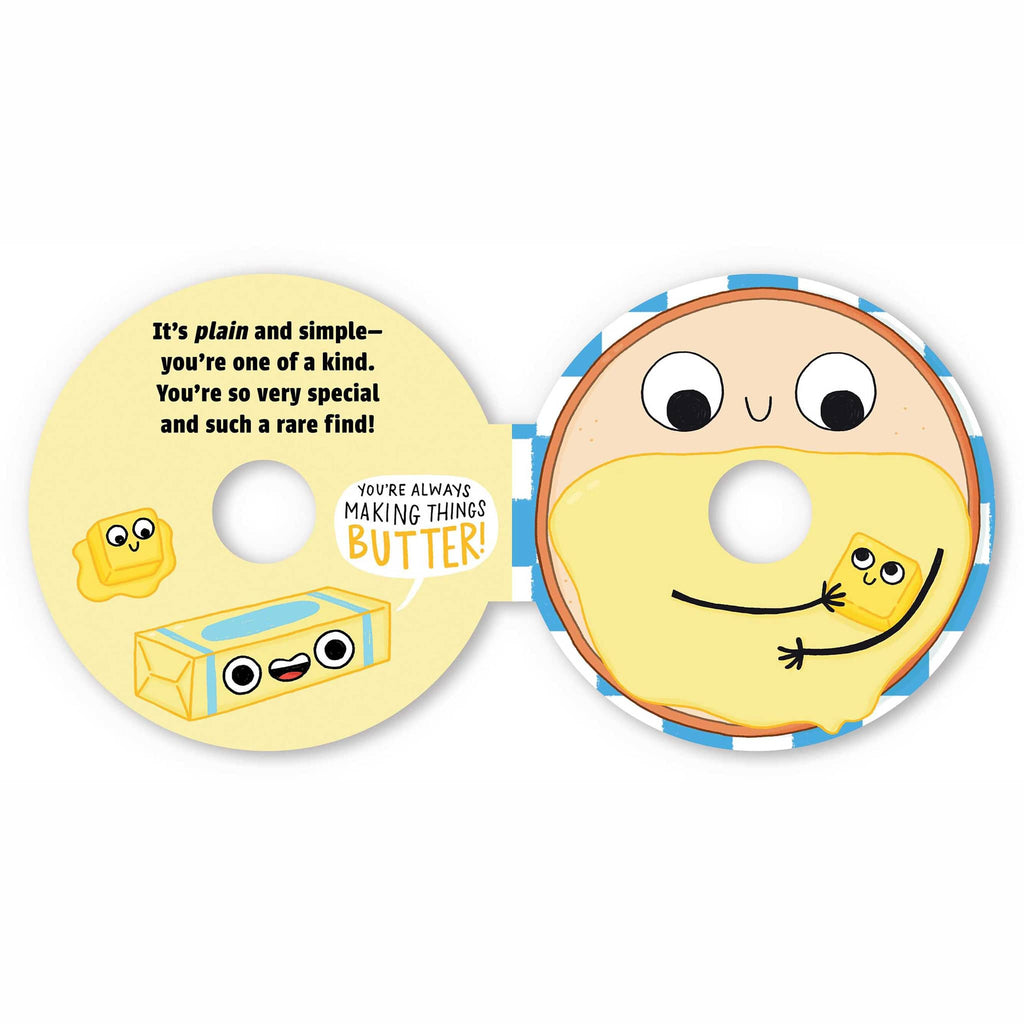 Simon and Schuster You Deserve Everything bagel-shaped board book, sample page with butter.