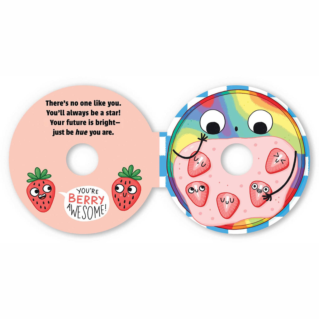Simon and Schuster You Deserve Everything bagel-shaped board book, sample page with strawberries.