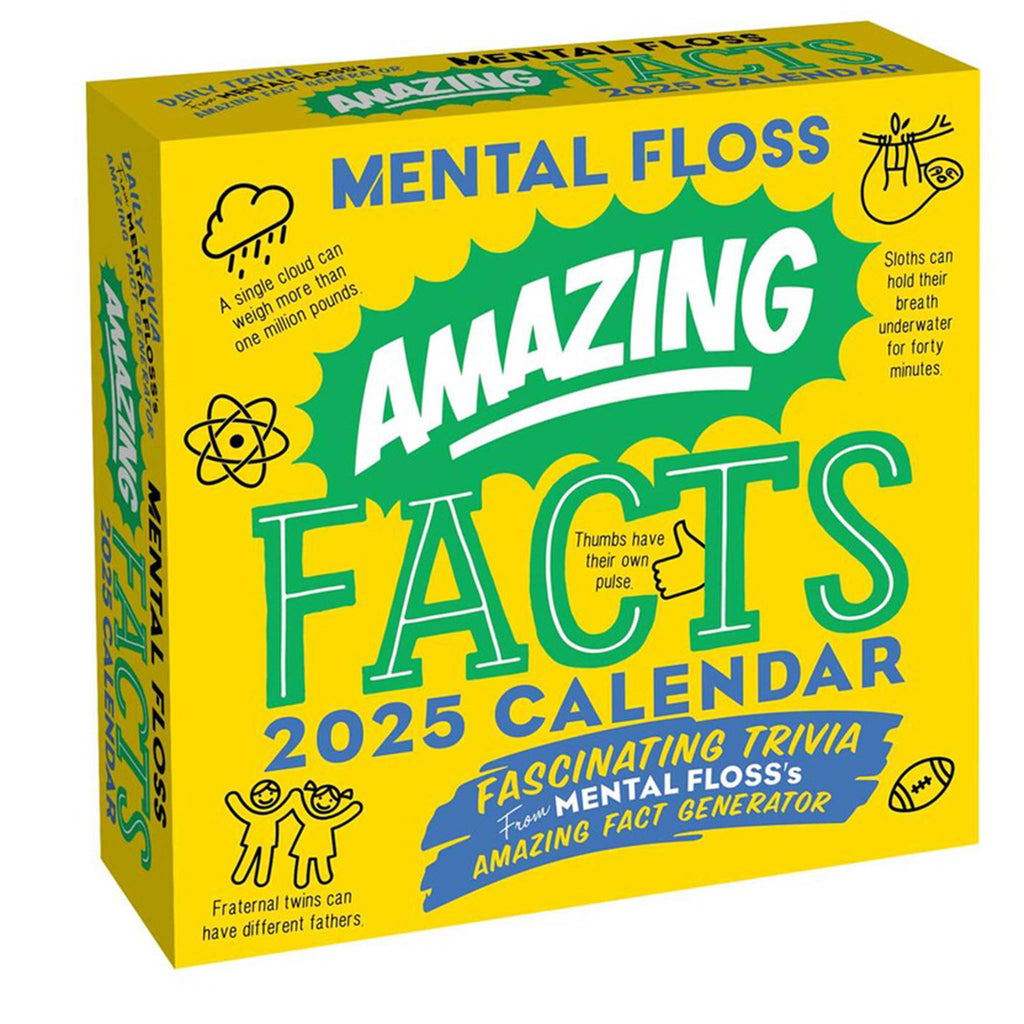 simon schuster amazing facts from mental floss 2025 day to day calendar, front view.