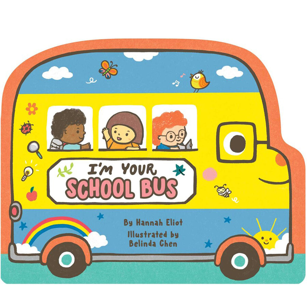 Illustrated school bus book cover with children on board and colorful design.