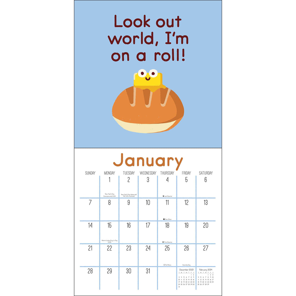 Simon & Schuster 2024 I'm Just Trying to Hold it Together: The Art of David Olenick wall calendar, sample January 2024 page with an illustration of a roll with a smiling pat of butter and text "look out world, I'm on a roll!"