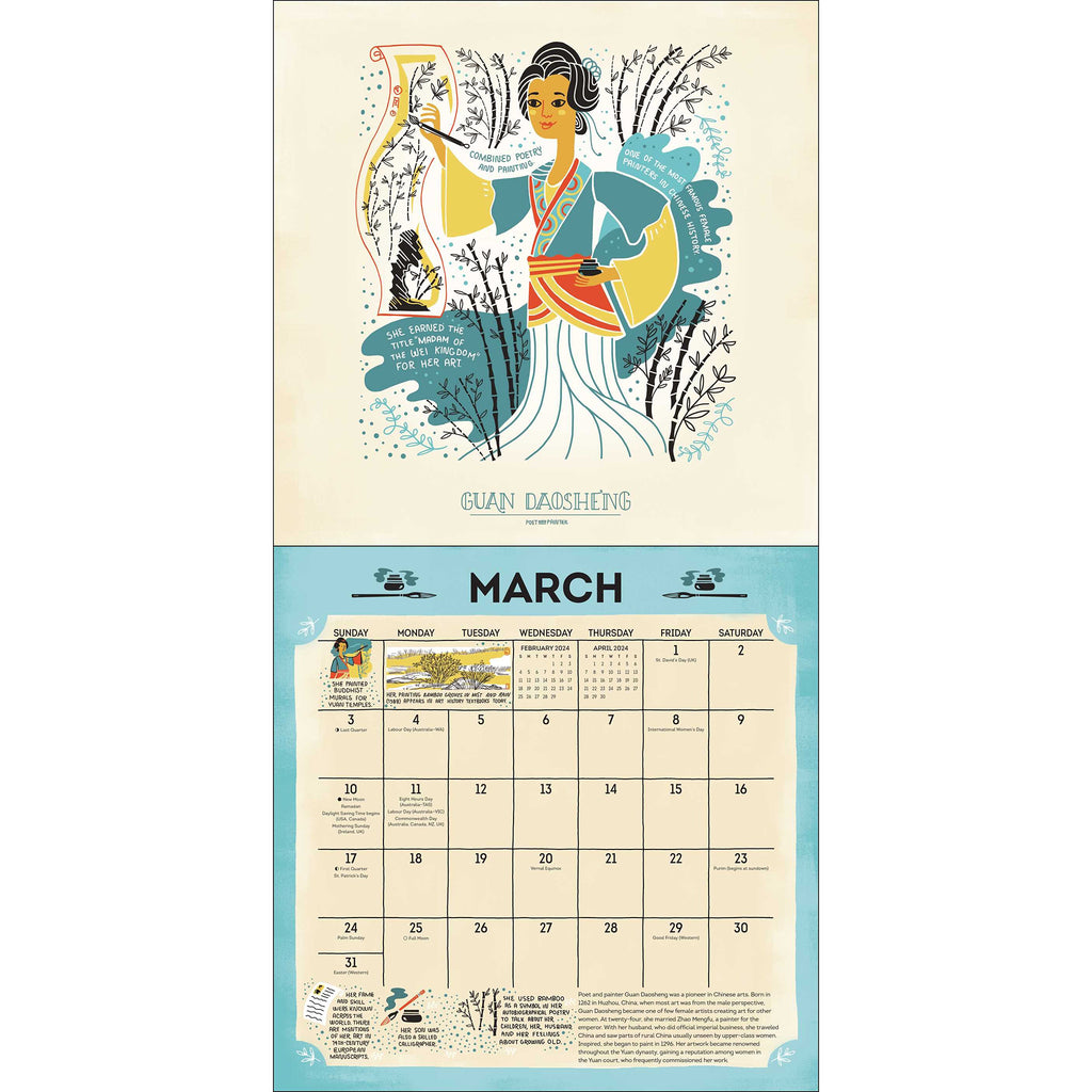 Simon & Schuster 2024 The Women Who Make History wall calendar by Rachel Ignotofsky, sample March 2024 page with illustration and info on Guan Daoshe'ng.