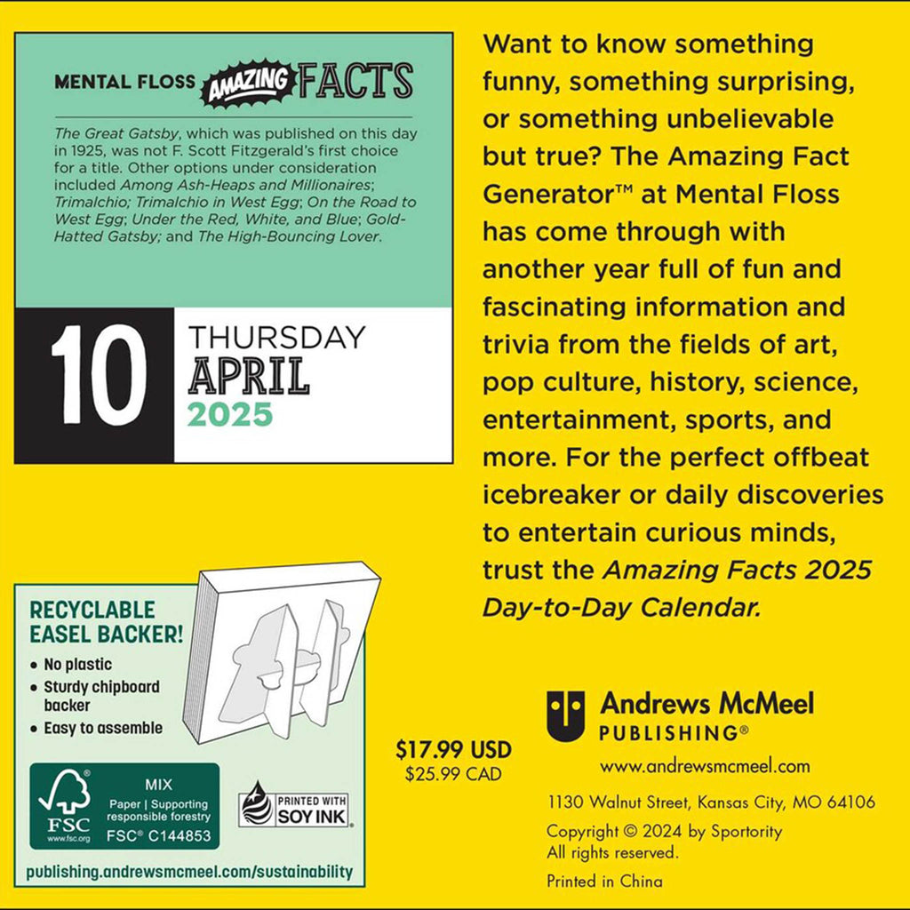 simon schuster amazing facts from mental floss 2025 day to day calendar, box back view.